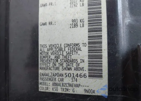 2010 Nissan Altima 2.5 S z USA, uszkodzony, nr VIN 1N4AL2AP0AN501466